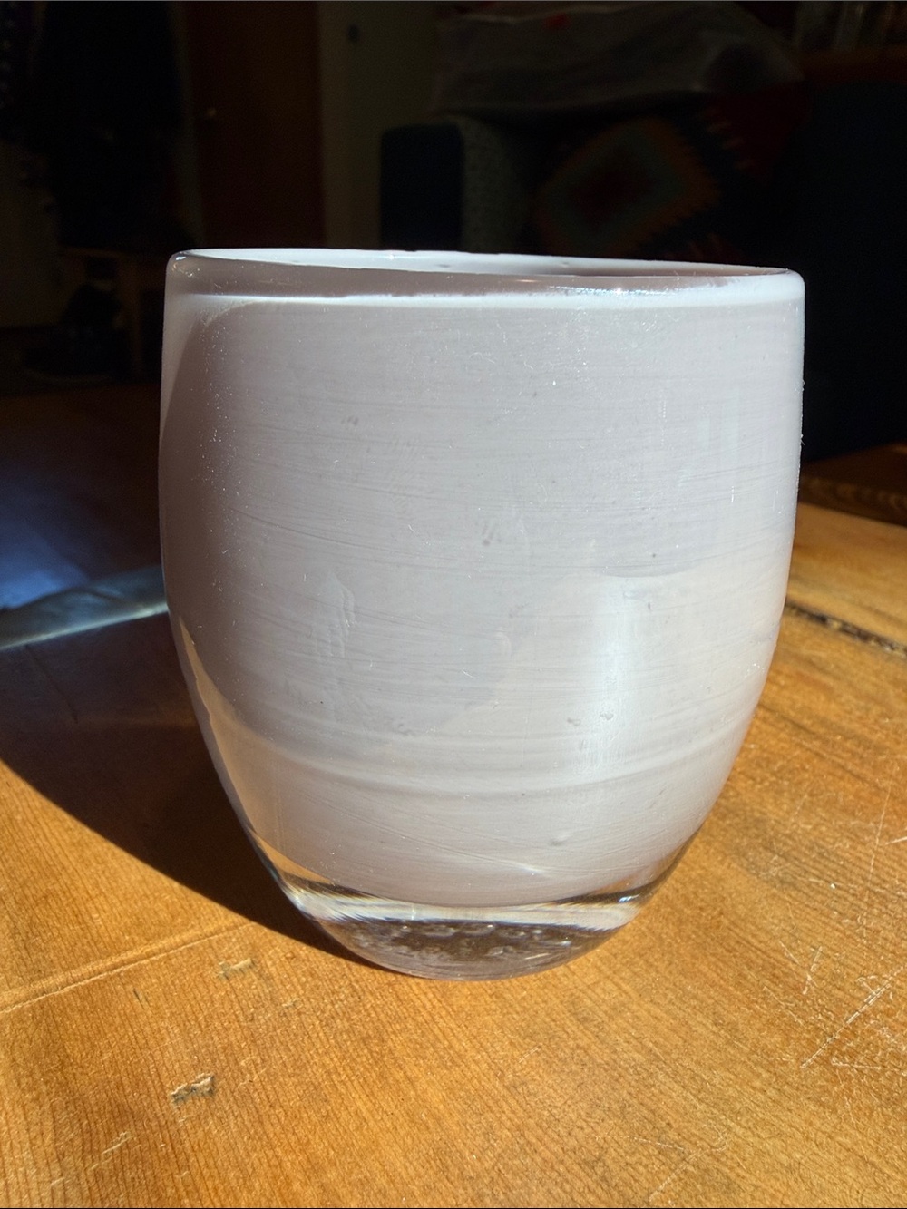 Glassybaby votive holder in gray/mauve color